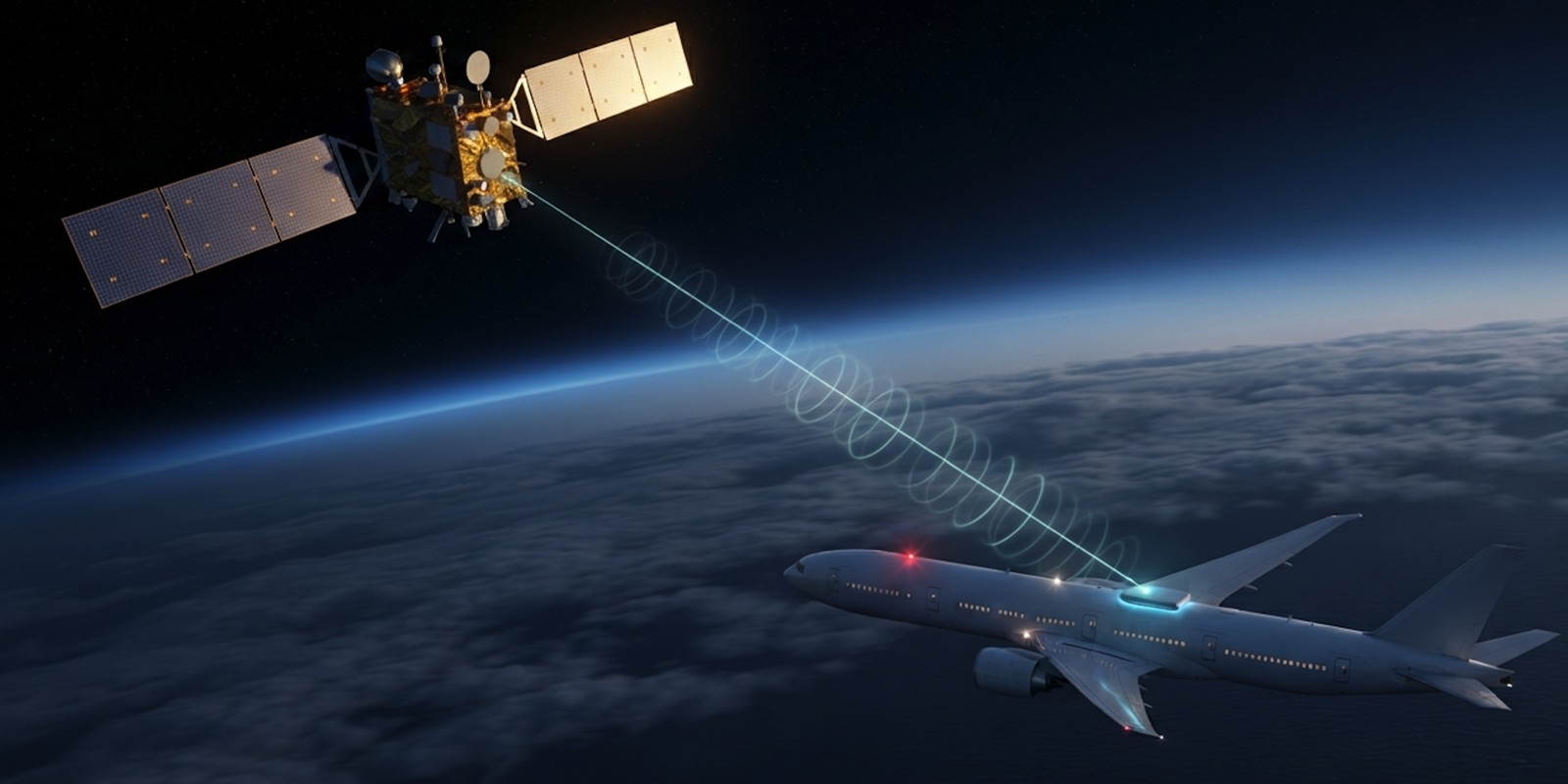 Communications satellite in orbit sending a signal beam to the SATCOM antenna on top of an airliner above the clouds